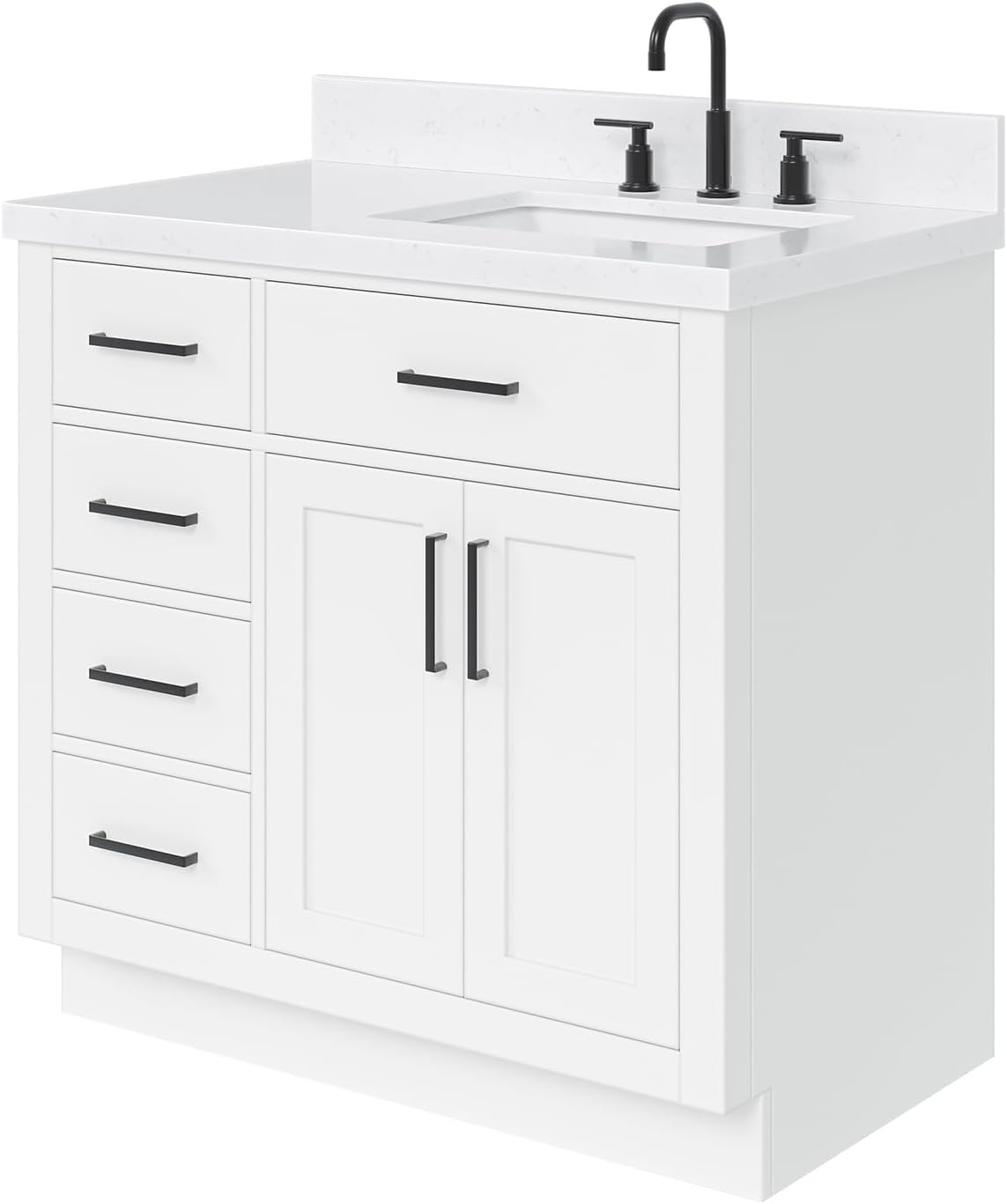 ARIEL Hepburn 36-inch Bathroom Vanity with Sink,Solid Wood, 1.5-inch Carrara White Quartz Countertop & Backsplash, Single Rectangular Porcelain Sink, 2 Soft Closing Doors, 5 Dovetail Drawers, White