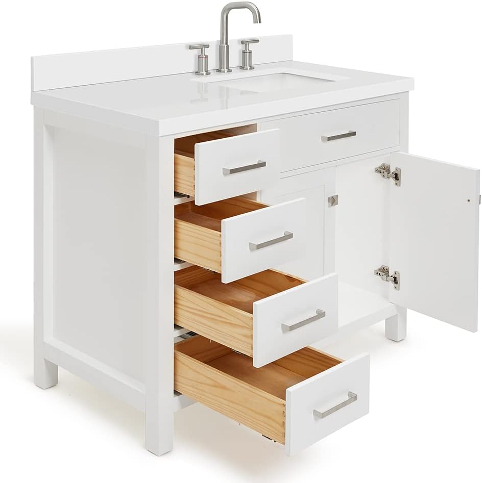 DKB Alenza 42-Inch White Single Bathroom Vanity with Right Rectangular Sink, 1.5' Pure White Quartz Countertop, 2 Soft Closing Doors, 4 Full Extension Dovetail Drawers, Polished Chrome