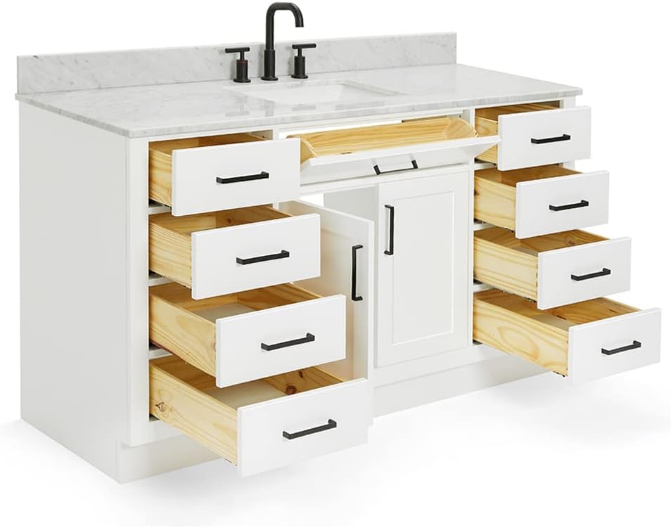 ARIEL Hepburn 60-inch Bathroom Vanity with Sink,Solid Wood, 0.75-inch Italian Carrara Marble Countertop, Single Rectangular Porcelain Sink, 2 Soft Closing Doors, 9 Dovetail Drawers, White