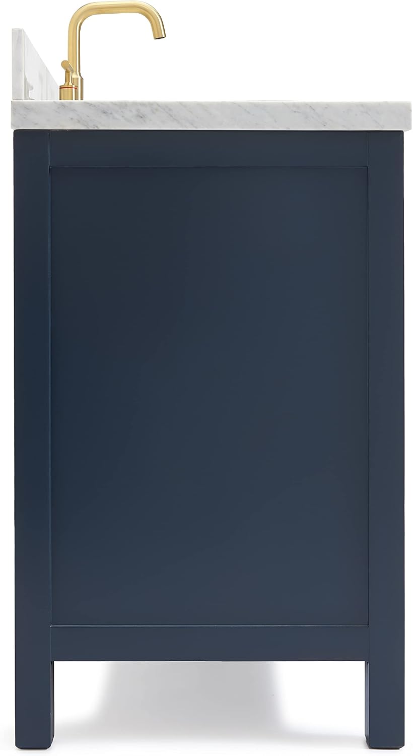 ARIEL Cambridge 42-inch Bathroom Vanity with Sink,Solid Wood, 1.5-inch Italian Carrara Marble Countertop, Single Oval Porcelain Sink, 2 Soft Closing Doors, 5 Dovetail Drawers, Midnight Blue