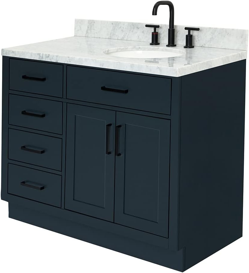ARIEL Hepburn 43' Inch Right Offset Oval Sink Vanity with 1.5' Edge Carrara White Countertop in Midnight Blue