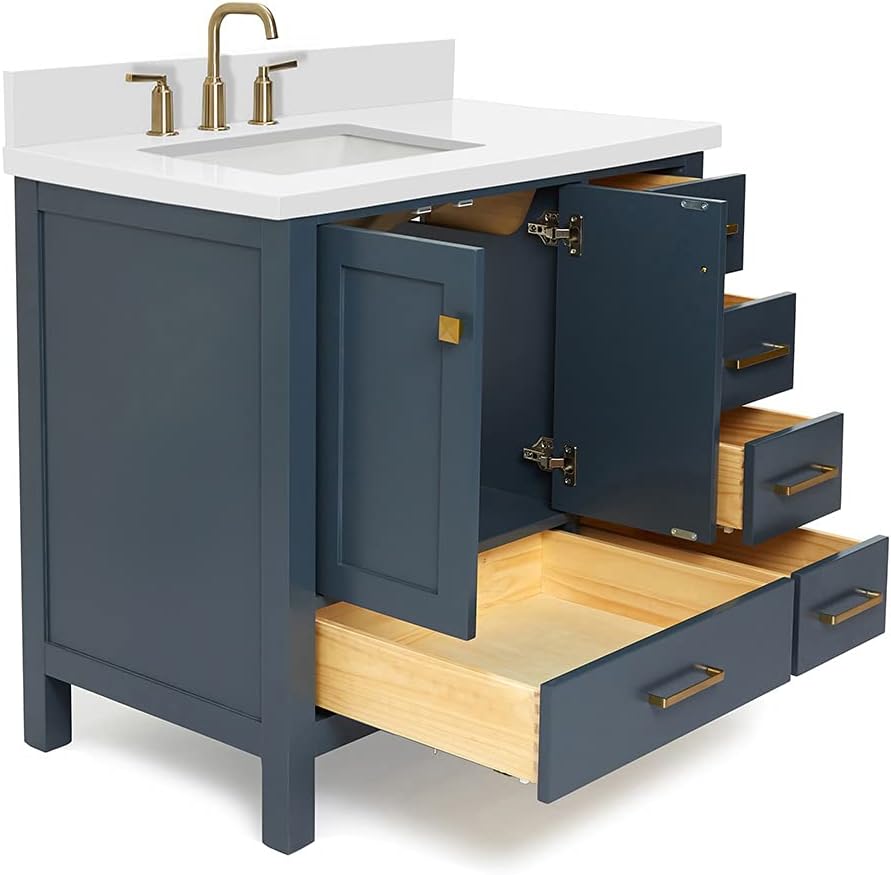 ARIEL Cambridge 36-inch Bathroom Vanity with Sink,Solid Wood, 1.5-inch Pure White Quartz Countertop, Single Rectangular Porcelain Sink, 2 Soft Closing Doors, 5 Dovetail Drawers, Midnight Blue