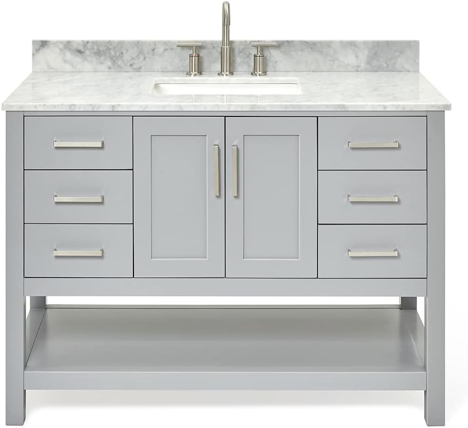 ARIEL Magnolia 48-inch Bathroom Vanity with Sink,Solid Wood, 0.75-inch Italian Carrara Marble Countertop, Single Rectangular Porcelain Sink, 2 Soft Closing Doors, 6 Dovetail Drawers, Grey
