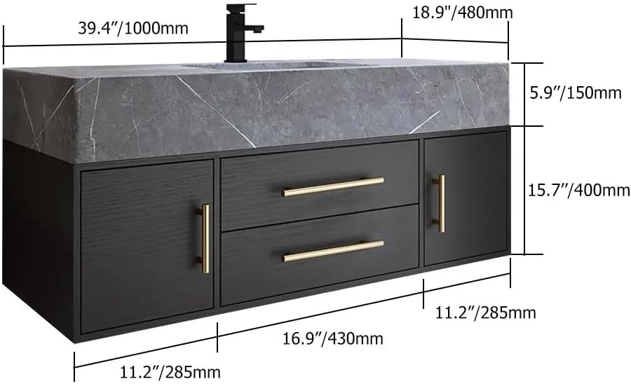 homary 39.4 inch Floating Bathroom Vanity with Single Sink, Modern Design with Sintered Stone Top & Undermount Sink, 2 Soft-Close Drawers for Master & Guest Bathrooms, Black