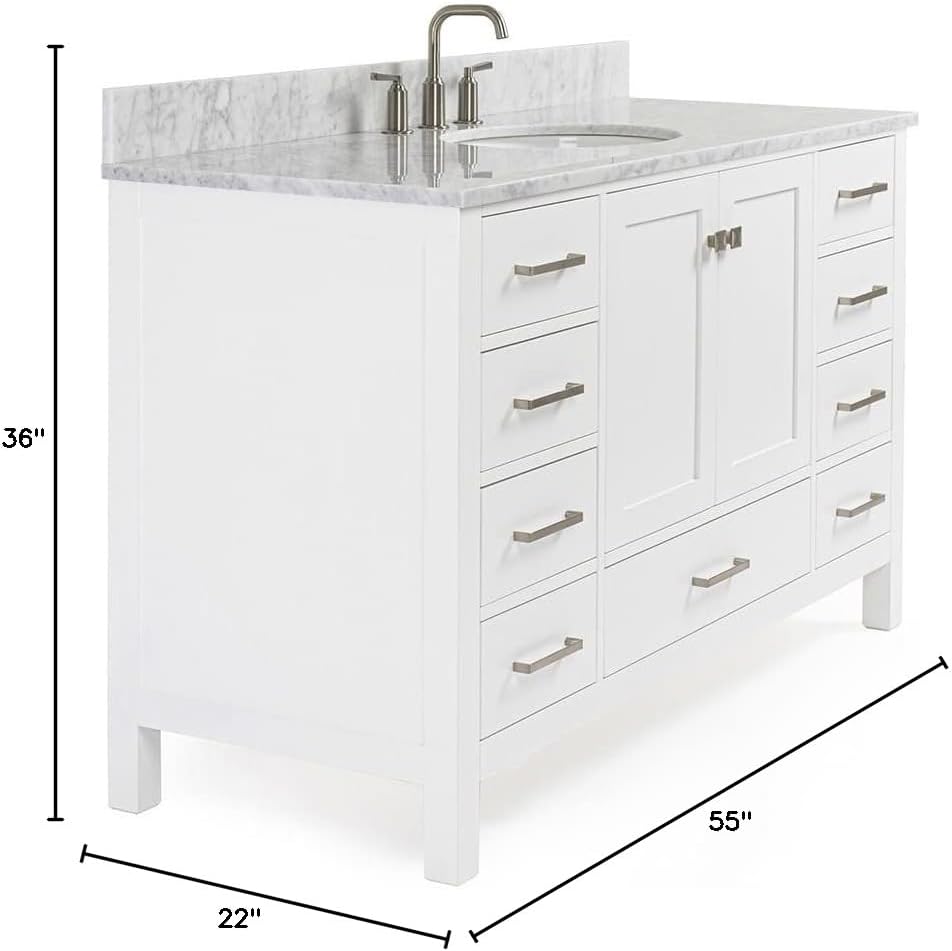 ARIEL Cambridge 55 in. Single Oval Sink Vanity with Carrara White Marble Countertop in White