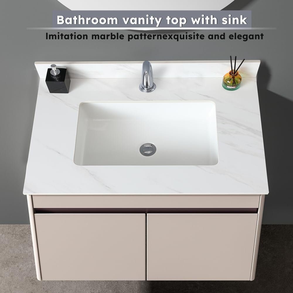 31''W x 22''D Vanity Top, Marble Quartz Bathroom Sink Vanity Top, Sintered Stone Bathroom Vanity with Undermount Ceramic Sink, Bathroom Vanity Sink Countertop, 1 Faucet Hole, White Grey Carra