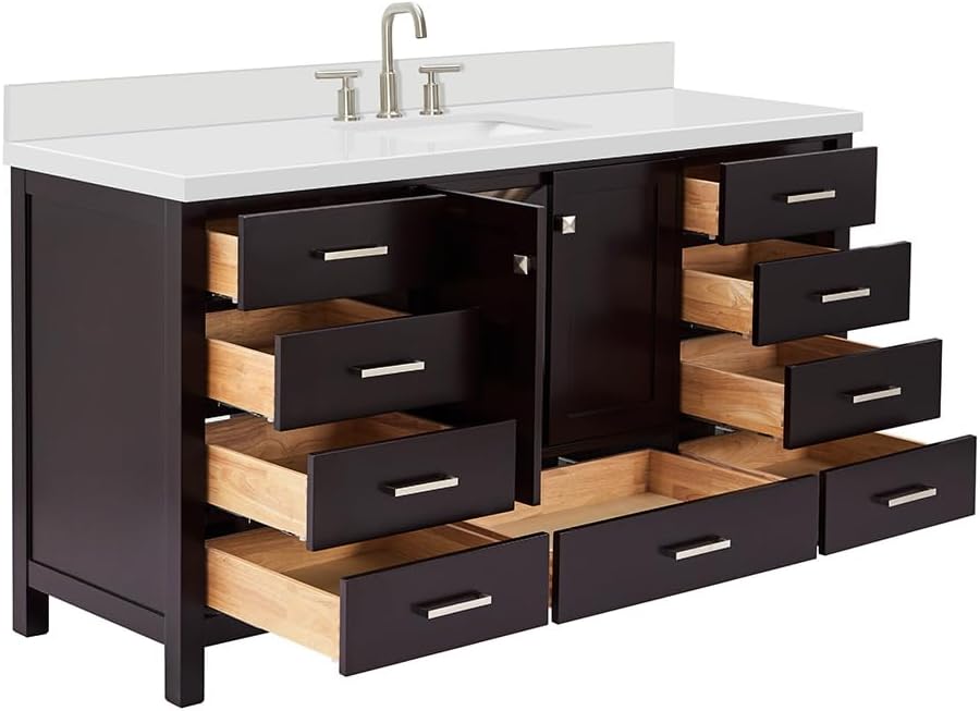 ARIEL Cambridge 66-inch Bathroom Vanity with Sink,Solid Wood, 1.5-inch Pure White Quartz Countertop, Single Rectangular Porcelain Sink, 2 Soft Closing Doors, 9 Dovetail Drawers, Espresso