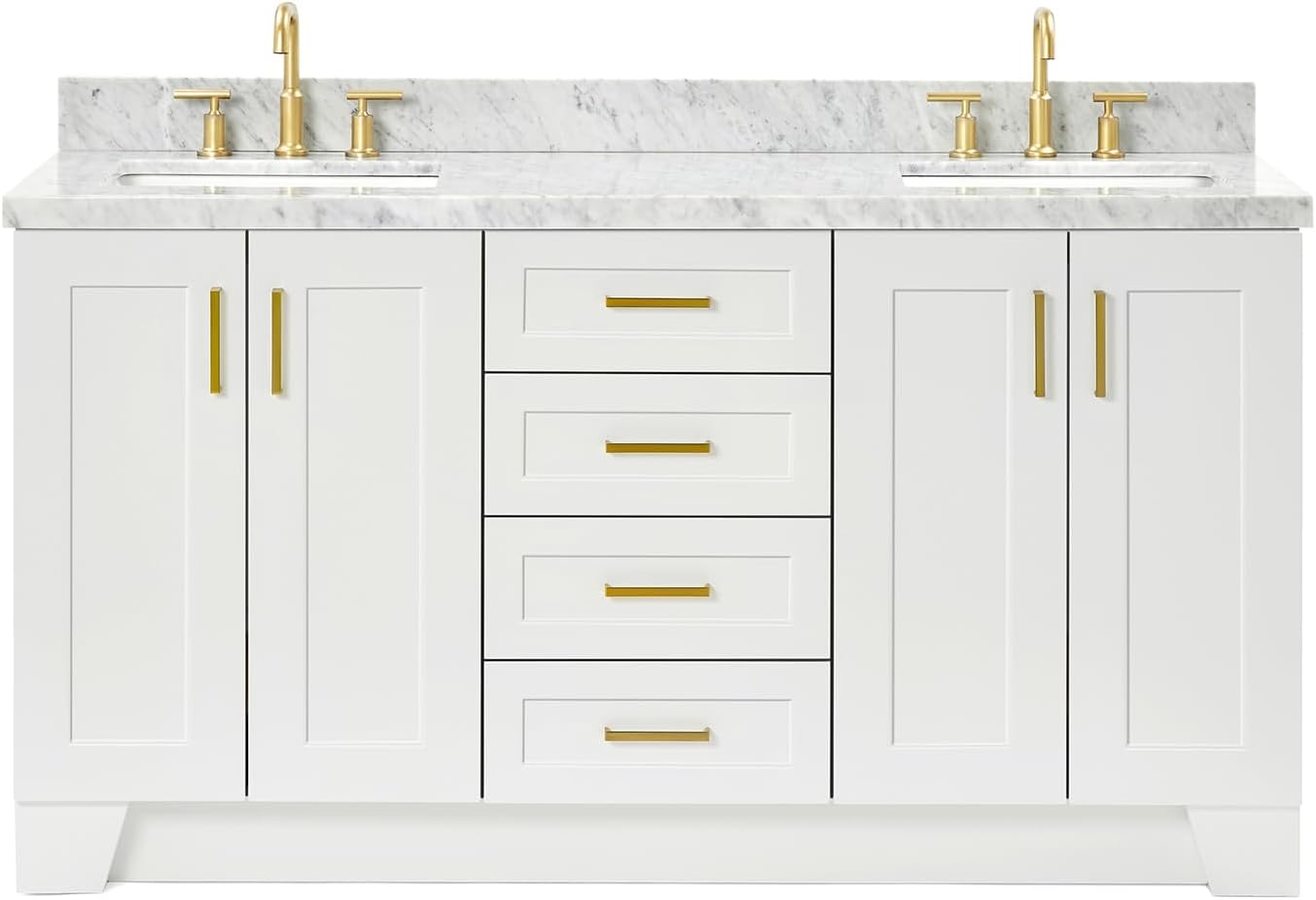 ARIEL Taylor 66-inch Bathroom Vanity with Sink,Solid Wood, 1.5-inch Italian Carrara Marble Countertop, Double Rectangular Porcelain Sink, 4 Soft Closing Doors, 5 Dovetail Drawers, White