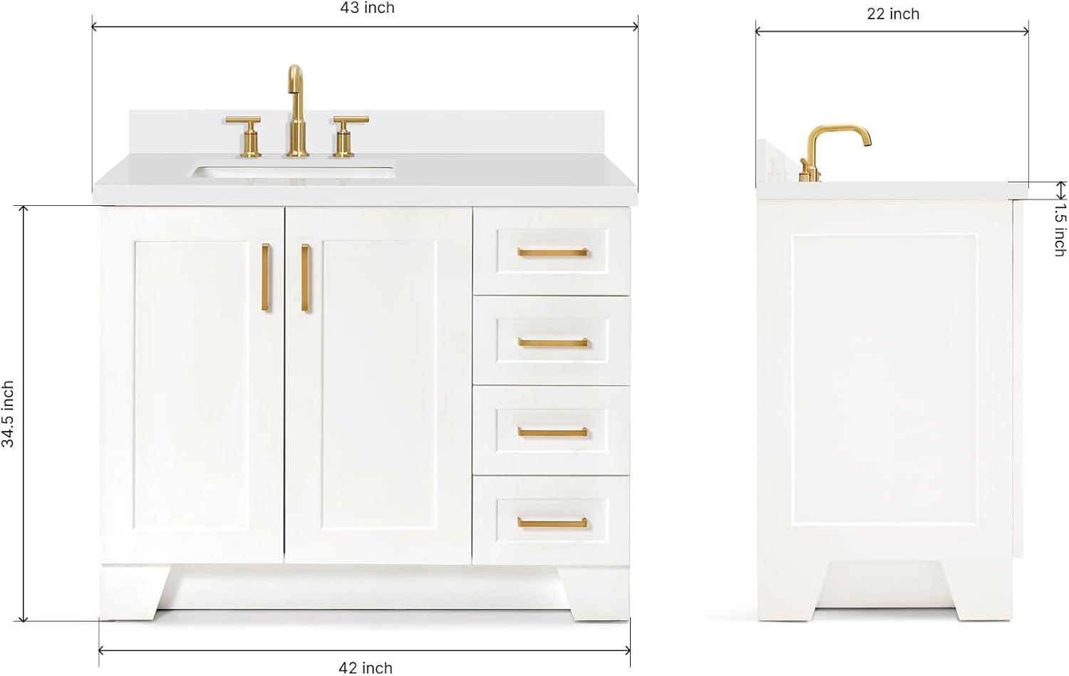 ARIEL Taylor 42-inch Bathroom Vanity with Sink,Solid Wood, 1.5-inch Pure White Quartz Countertop & Backsplash, Single Rectangular Porcelain Sink, 2 Soft Closing Doors, 5 Dovetail Drawers, White