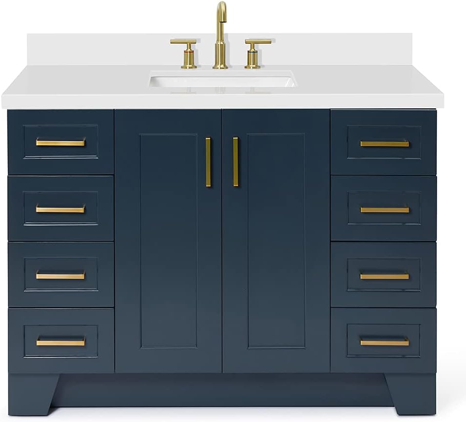 ARIEL Taylor 48-inch Bathroom Vanity with Sink,Solid Wood, 1.5-inch Pure White Quartz Countertop, Single Rectangular Porcelain Sink, 2 Soft Closing Doors, 9 Dovetail Drawers, Midnight Blue