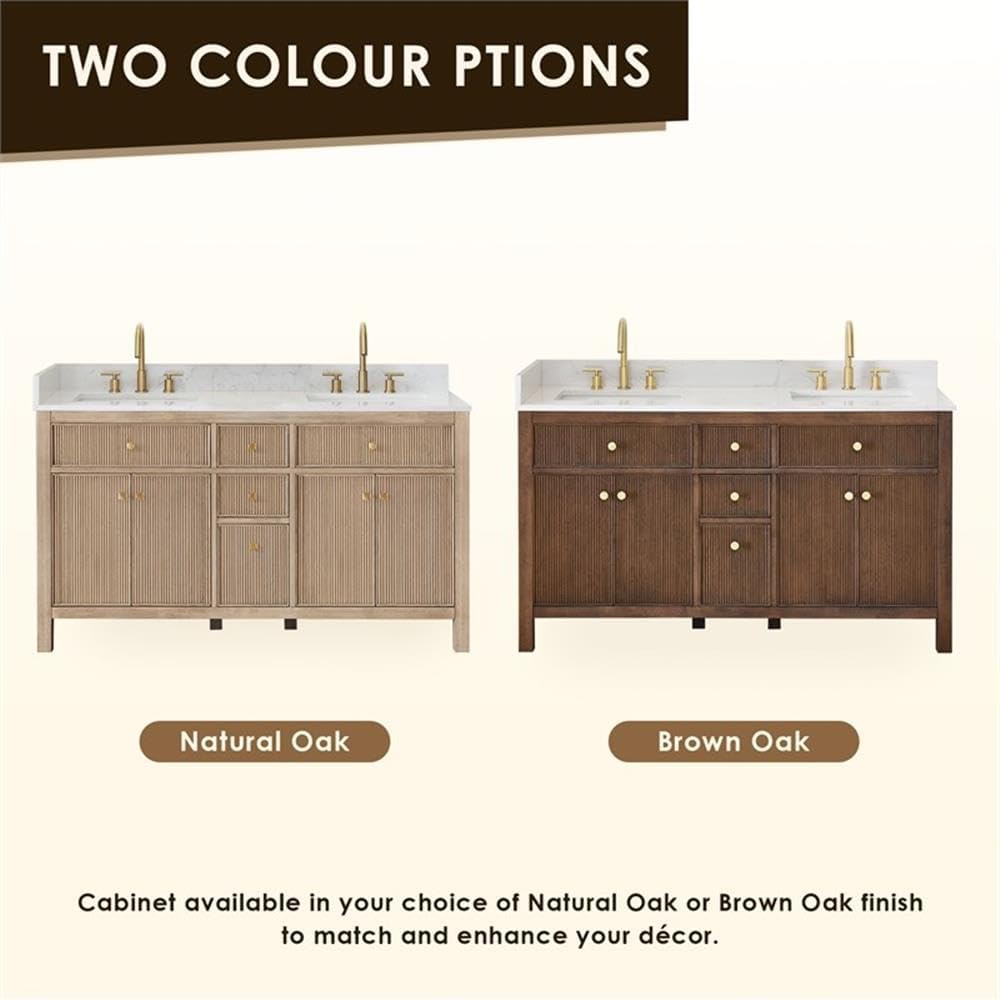 Pemberly Row 60' Wood Bathroom Vanity, Natural Oak Finish, Grain White Engineered Stone Top, No Mirror, 4 Fluted Doors, 5 Drawers, Contemporary Style, Undermount Sink, Ideal for Bathroom Storage