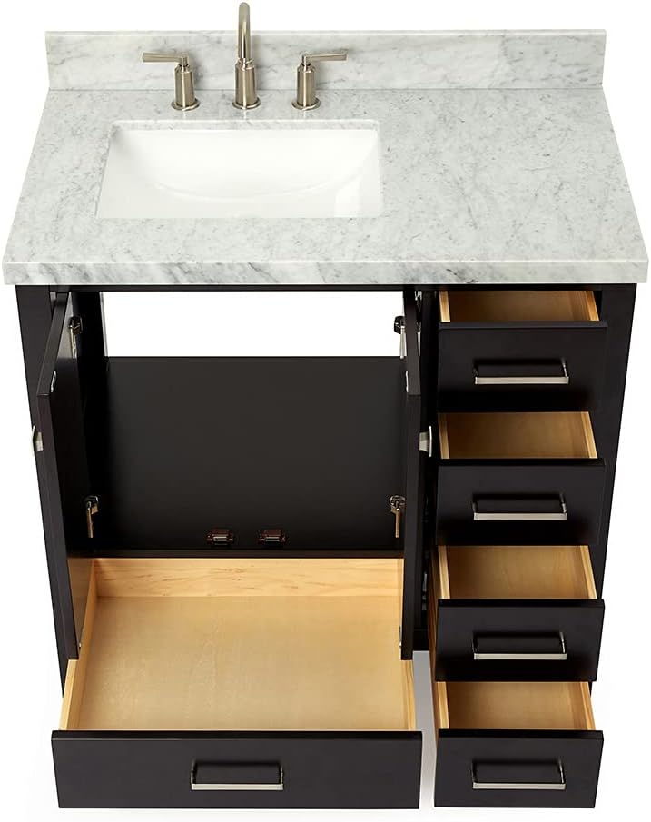 ARIEL Cambridge 36-inch Bathroom Vanity with Sink,Solid Wood, 1.5-inch Italian Carrara Marble Countertop, Single Rectangular Porcelain Sink, 2 Soft Closing Doors, 5 Dovetail Drawers, Espresso
