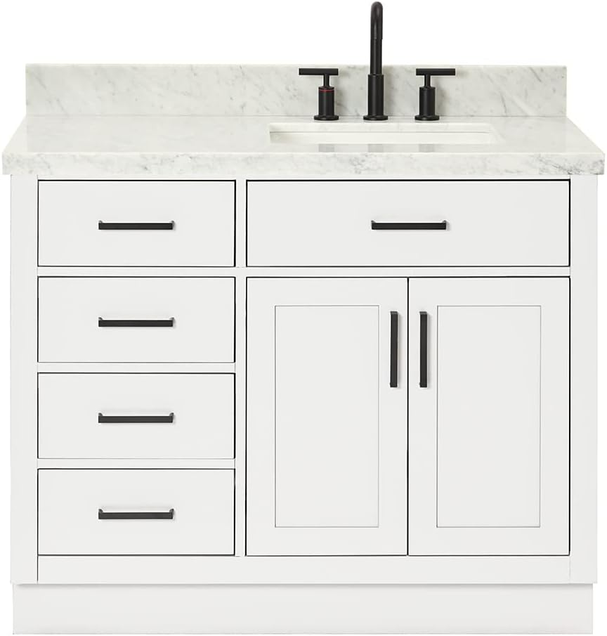 ARIEL 54' White Single Bathroom Vanity with Sink, 1.5' Italian Carrara Marble Countertop, Rectangular Undermount Sink, 2 Soft Closing Doors, 8 Dovetail Drawers, 1 Tilt Drawer