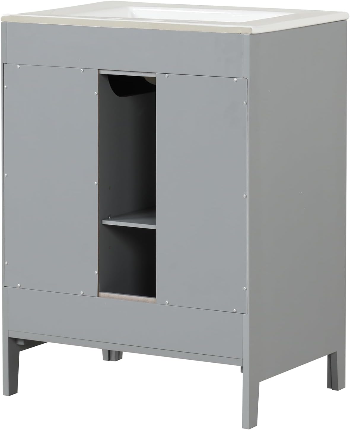 LUMISOL 24' Bathroom Vanity with Sink, Solid Wood Bathroom Vanity with Glass Door and 2 Drawers, Free Standing Single Bathroom Cabinet with Ceramic Basin, Soft-Closing, Gray