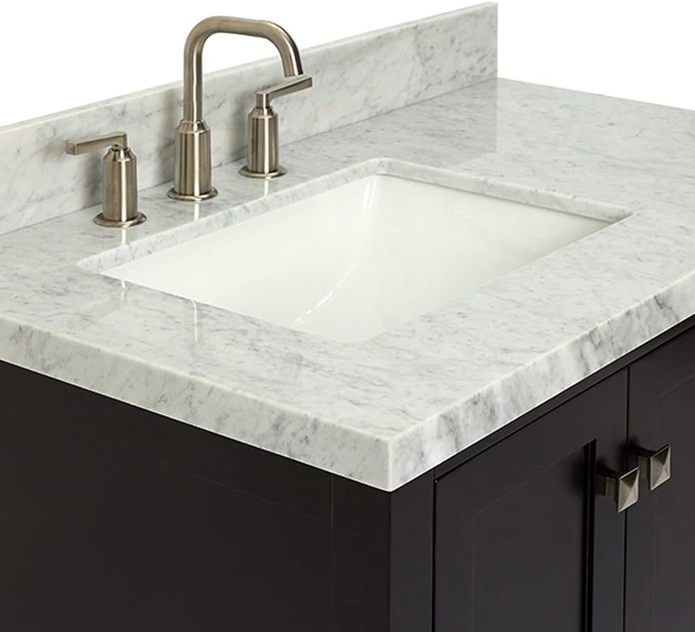 ARIEL Cambridge 36-inch Bathroom Vanity with Sink,Solid Wood, 1.5-inch Italian Carrara Marble Countertop, Single Rectangular Porcelain Sink, 2 Soft Closing Doors, 5 Dovetail Drawers, Espresso