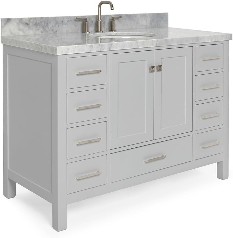 ARIEL Cambridge 48-inch Bathroom Vanity with Sink,Solid Wood, 1.5-inch Italian Carrara Marble Countertop & Backsplash, Single Oval Porcelain Sink, 2 Soft Closing Doors, 9 Dovetail Drawers, Grey