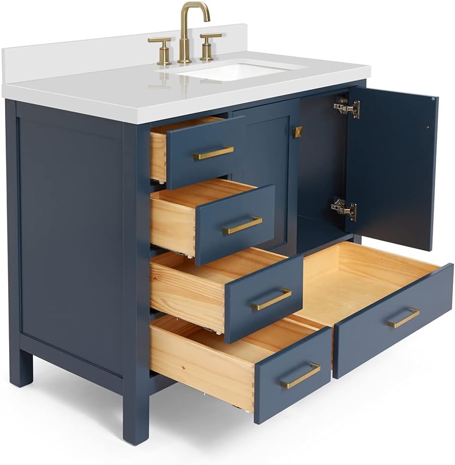 ARIEL Cambridge 42-inch Bathroom Vanity with Sink,Solid Wood, 1.5-inch Pure White Quartz Countertop, Single Rectangular Porcelain Sink, 2 Soft Closing Doors, 5 Dovetail Drawers, Midnight Blue
