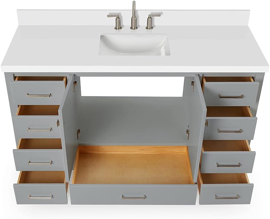 ARIEL Cambridge 60-inch Bathroom Vanity with Sink,Solid Wood, 1.5-inch Pure White Quartz Countertop & Backsplash, Single Rectangular Porcelain Sink, 2 Soft Closing Doors, 9 Dovetail Drawers, Grey