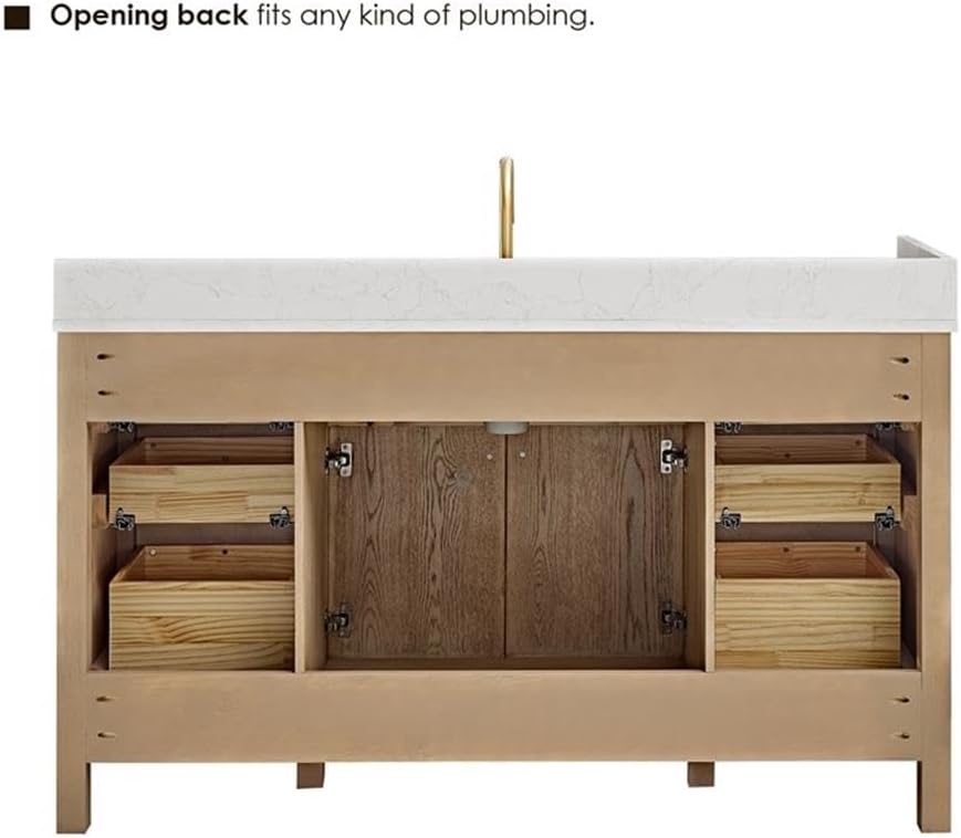 Pemberly Row 60' Single Wood Bathroom Vanity, Natural Oak Finish, White Engineered Stone Top, Fluted Doors, 7 Drawers, Ceramic Undermount Sink, Contemporary Style Without Mirror