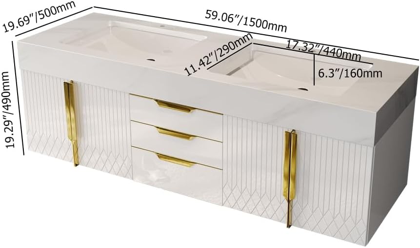 KunMai 59' White Floating Bathroom Vanity with Faux Marble Top, Double Ceramic Vessel Sinks, Wall-Mounted Design, 3 Drawers for Storage, Modern Bathroom Cabinet with Gold Hardware Finish