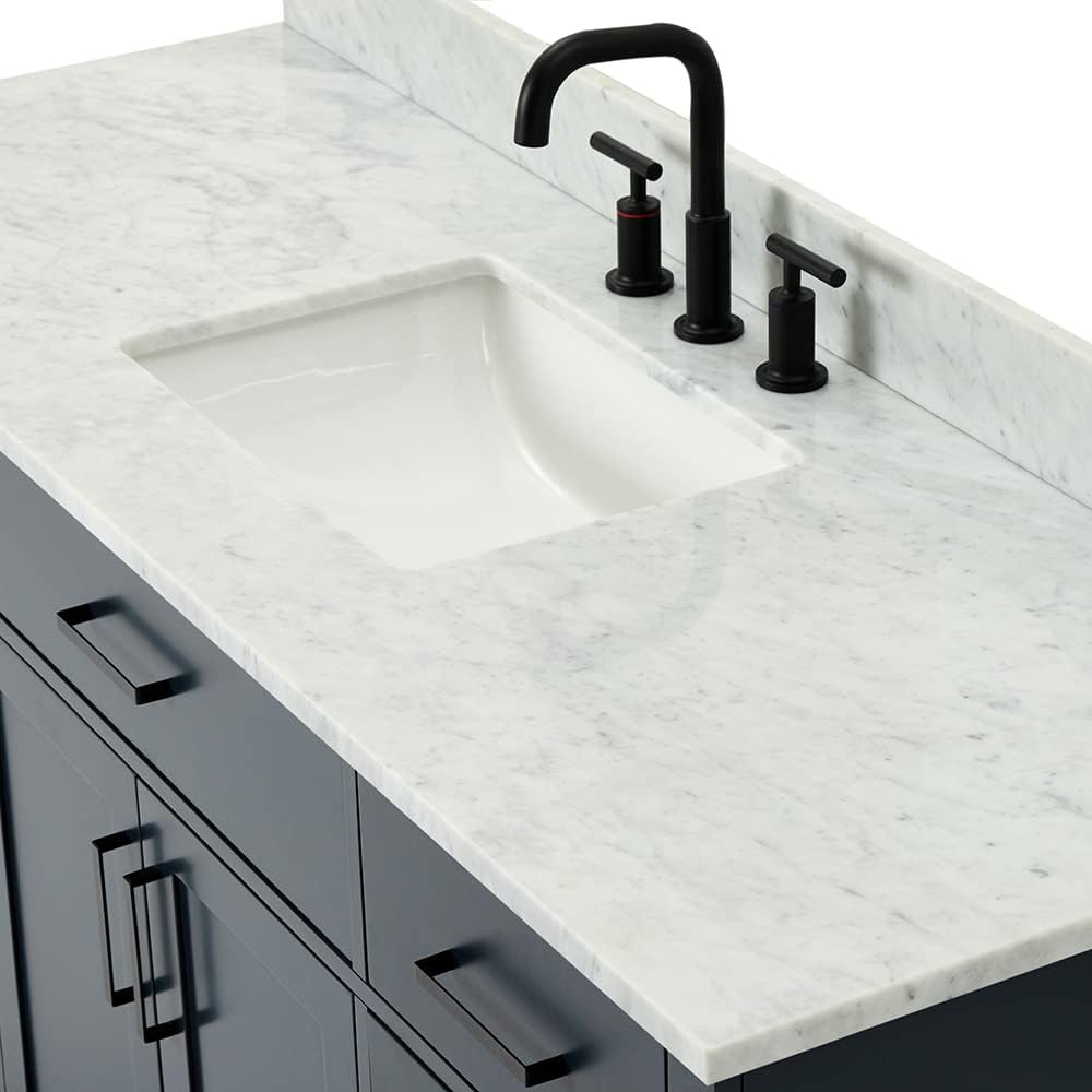 ARIEL Hepburn 60-inch Bathroom Vanity with Sink,Solid Wood, 0.75-inch Italian Carrara Marble Countertop, Single Rectangular Porcelain Sink, 2 Soft Closing Doors, 9 Dovetail Drawers, Midnight Blue