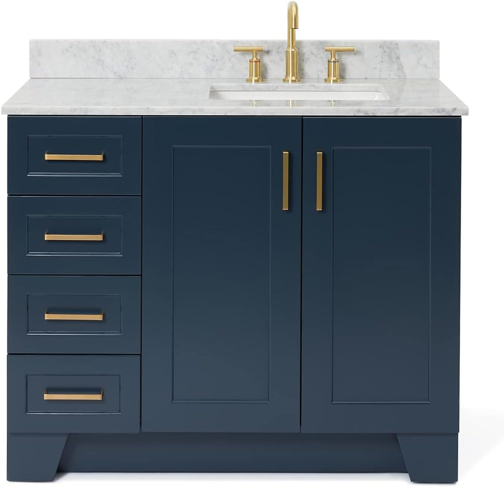 ARIEL Taylor 42-inch Bathroom Vanity with Sink,Solid Wood, 0.75-inch Italian Carrara Marble Countertop, Single Rectangular Porcelain Sink, 2 Soft Closing Doors, 5 Dovetail Drawers, Midnight Blue