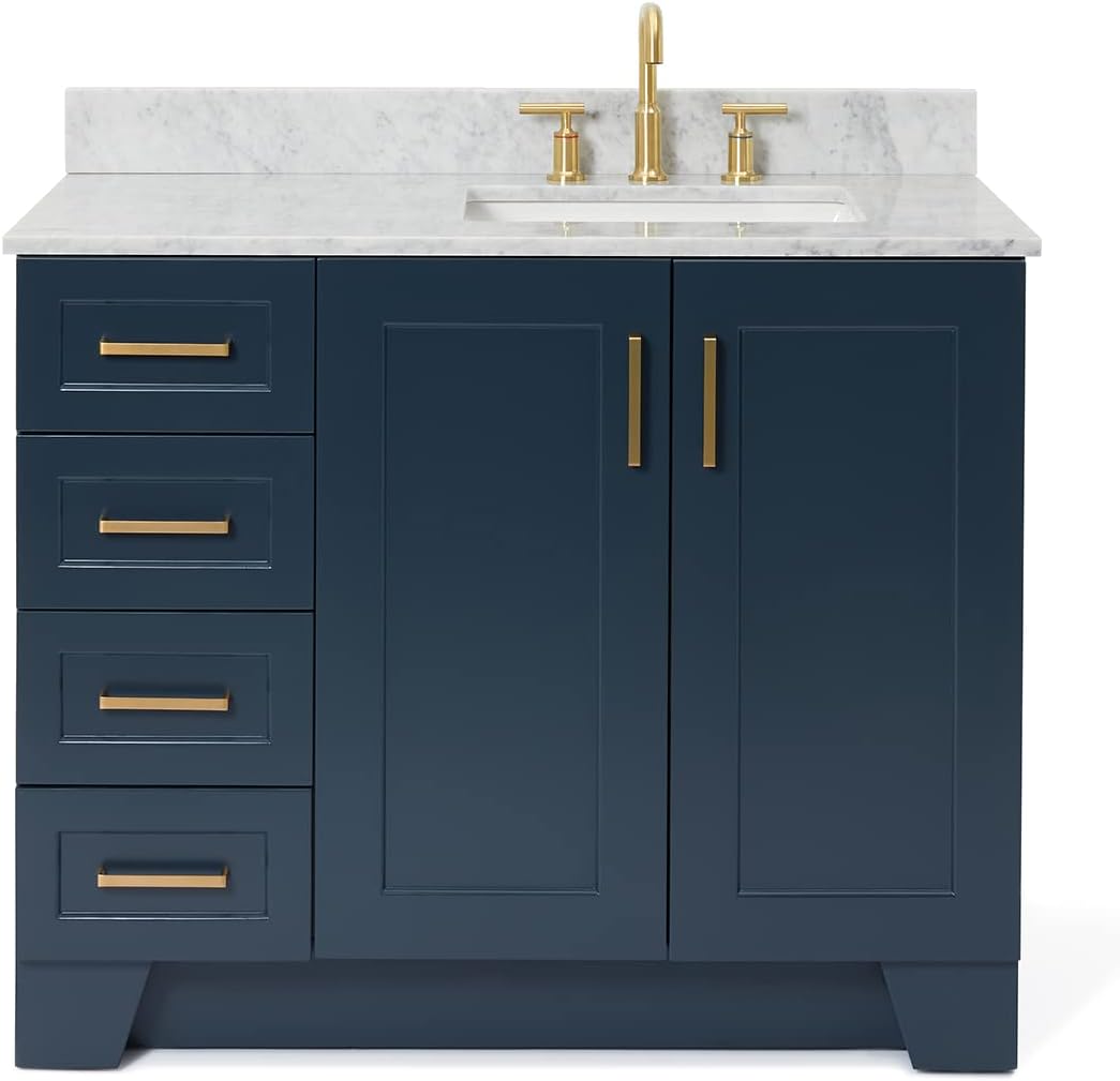ARIEL Taylor 42-inch Bathroom Vanity with Sink,Solid Wood, 0.75-inch Italian Carrara Marble Countertop, Single Rectangular Porcelain Sink, 2 Soft Closing Doors, 5 Dovetail Drawers, Midnight Blue