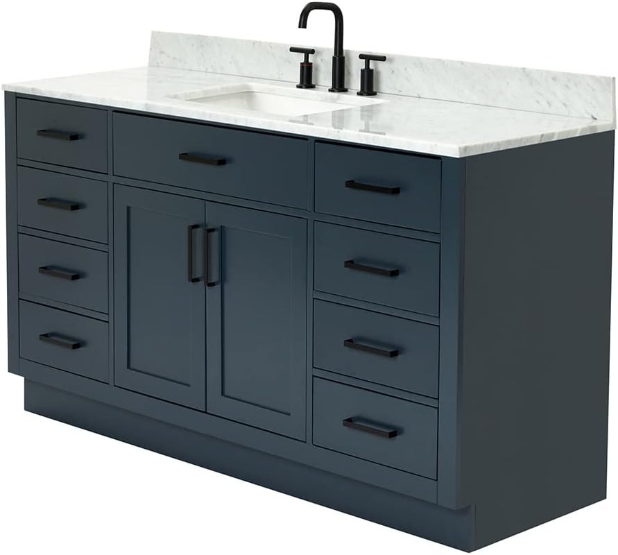 ARIEL Hepburn 60-inch Bathroom Vanity with Sink,Solid Wood, 0.75-inch Italian Carrara Marble Countertop, Single Rectangular Porcelain Sink, 2 Soft Closing Doors, 9 Dovetail Drawers, Midnight Blue