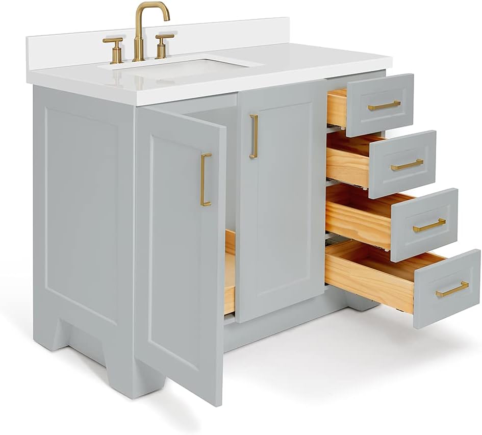ARIEL Taylor 42-inch Bathroom Vanity with Sink,Solid Wood, 1.5-inch Pure White Quartz Countertop & Backsplash, Single Rectangular Porcelain Sink, 2 Soft Closing Doors, 5 Dovetail Drawers, Grey
