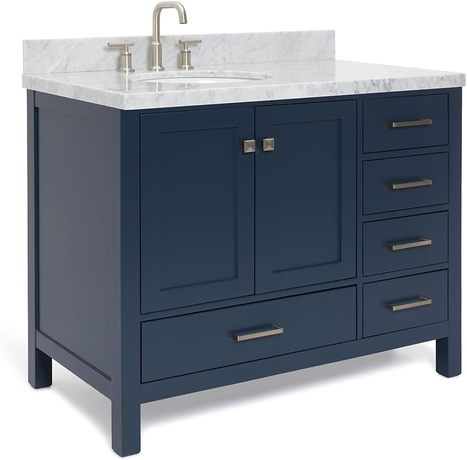 ARIEL Cambridge 42-inch Bathroom Vanity with Sink,Solid Wood, 1.5-inch Italian Carrara Marble Countertop, Single Oval Porcelain Sink, 2 Soft Closing Doors, 5 Dovetail Drawers, Midnight Blue