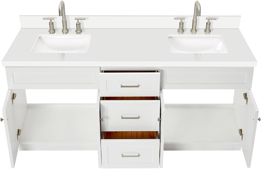 ARIEL Hamlet 72-inch Bathroom Vanity with Sink,Solid Wood, 1.5-inch Pure White Quartz Countertop & Backsplash, Double Rectangular Porcelain Sink, 4 Soft Closing Doors, 3 Dovetail Drawers, White