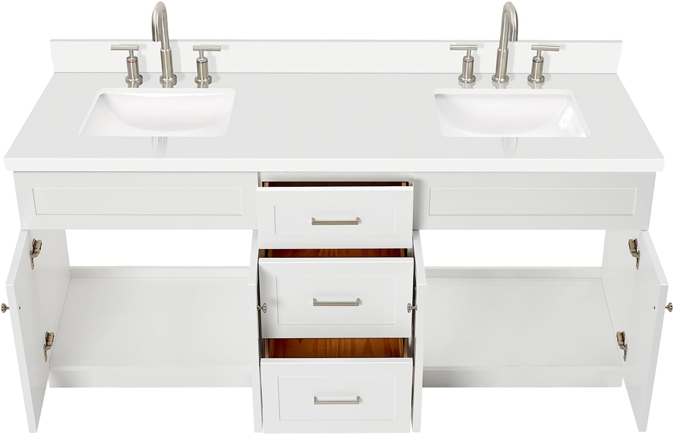 ARIEL Hamlet 72-inch Bathroom Vanity with Sink,Solid Wood, 1.5-inch Pure White Quartz Countertop & Backsplash, Double Rectangular Porcelain Sink, 4 Soft Closing Doors, 3 Dovetail Drawers, White