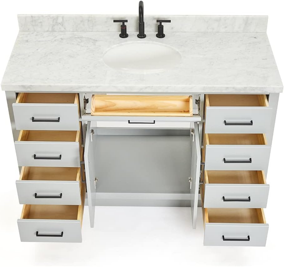 ARIEL Hepburn 54-inch Bathroom Vanity with Sink,Solid Wood, 1.5-inch Italian Carrara Marble Countertop & Backsplash, Single Oval Porcelain Sink, 2 Soft Closing Doors, 9 Dovetail Drawers, Grey