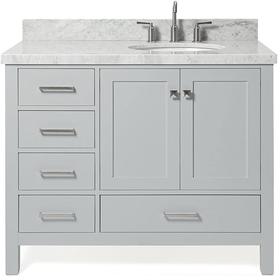 ARIEL Cambridge 42-inch Bathroom Vanity with Sink,Solid Wood, 1.5-inch Italian Carrara Marble Countertop & Backsplash, Single Oval Porcelain Sink, 2 Soft Closing Doors, 5 Dovetail Drawers, Grey