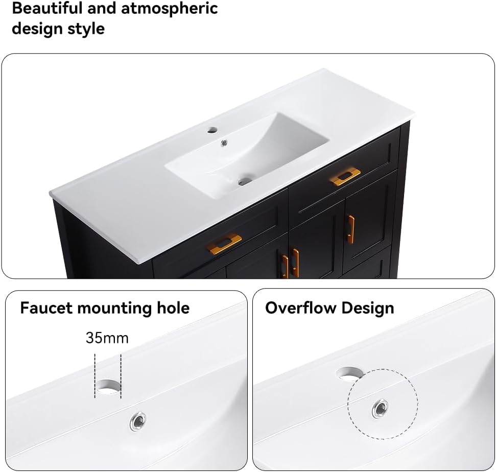 48' Bathroom Vanity with Sink, Modern Freestanding Single Sink Vanity Cabinet with Gold Handles, 2 Drawers & 4 Soft-Close Doors, Solid Wood Frame Bathroom Storage Cabinet with Ceramic Top, Black