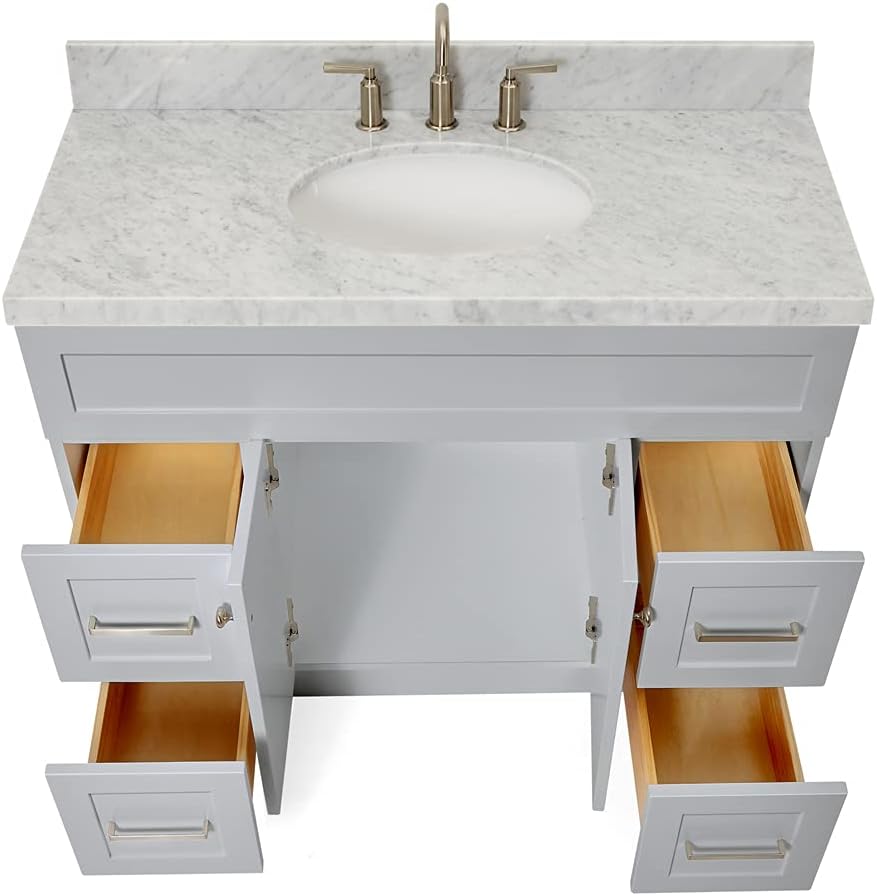 ARIEL Hamlet 42-inch Bathroom Vanity with Sink,Solid Wood, 1.5-inch Italian Carrara Marble Countertop & Backsplash, Single Oval Porcelain Sink, 2 Soft Closing Doors, 4 Dovetail Drawers, Grey