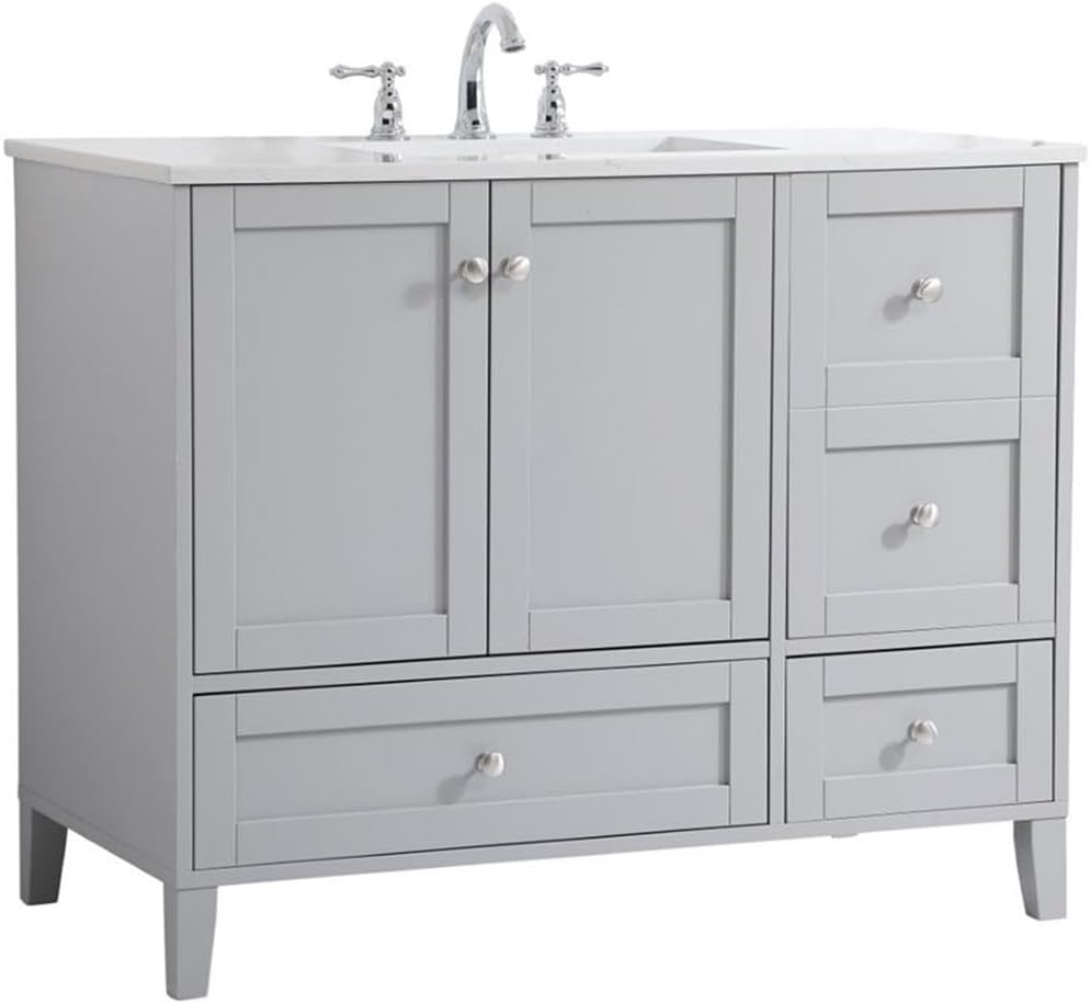 Pemberly Row 42' Traditional Bathroom Vanity, Gray Finish, Quartz Top with Porcelain Undermount Sink, MDF and Rubberwood Construction, Brushed Nickel Hardware, Freestanding Design for Bathroom Use
