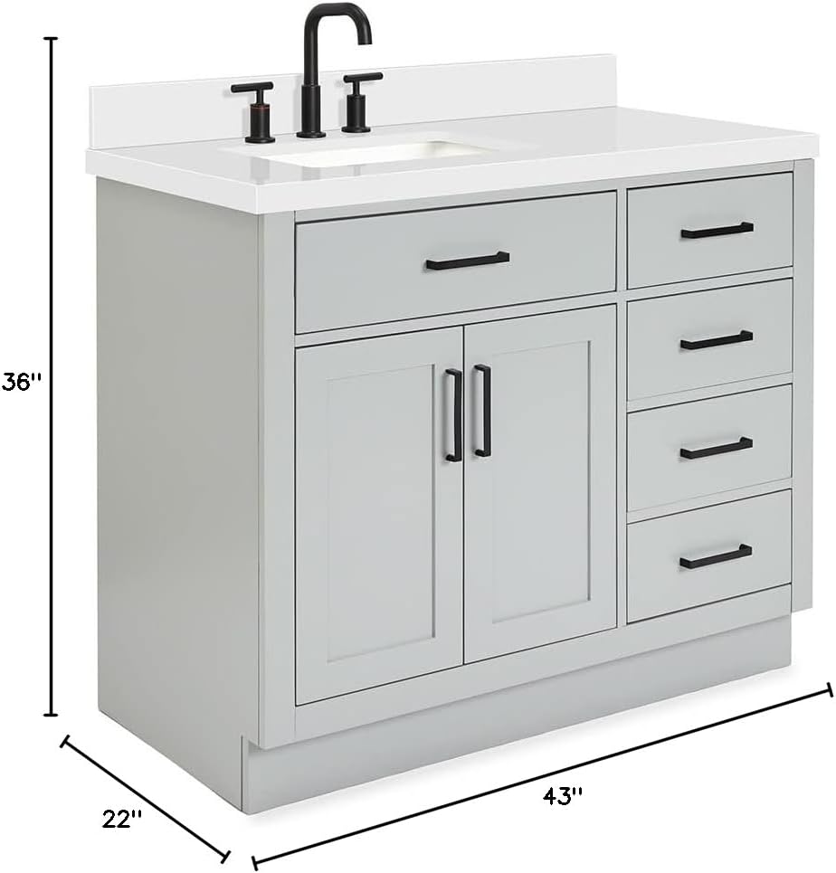 ARIEL 42-Inch Gray Single Bathroom Vanity with 1.5' Edge Pure White Quartz Countertop, Rectangular Undermount Sink, Solid Wood Frame, 2 Soft Closing Doors, 9 Dovetail Drawers, Toe Kick