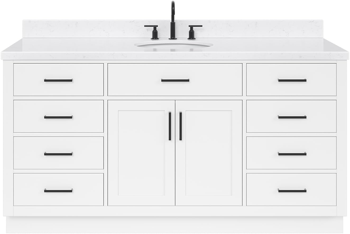 ARIEL Hepburn 66-inch Bathroom Vanity with Sink,Solid Wood, 1.5-inch Carrara White Quartz Countertop & Backsplash, Single Oval Porcelain Sink, 2 Soft Closing Doors, 9 Dovetail Drawers, White