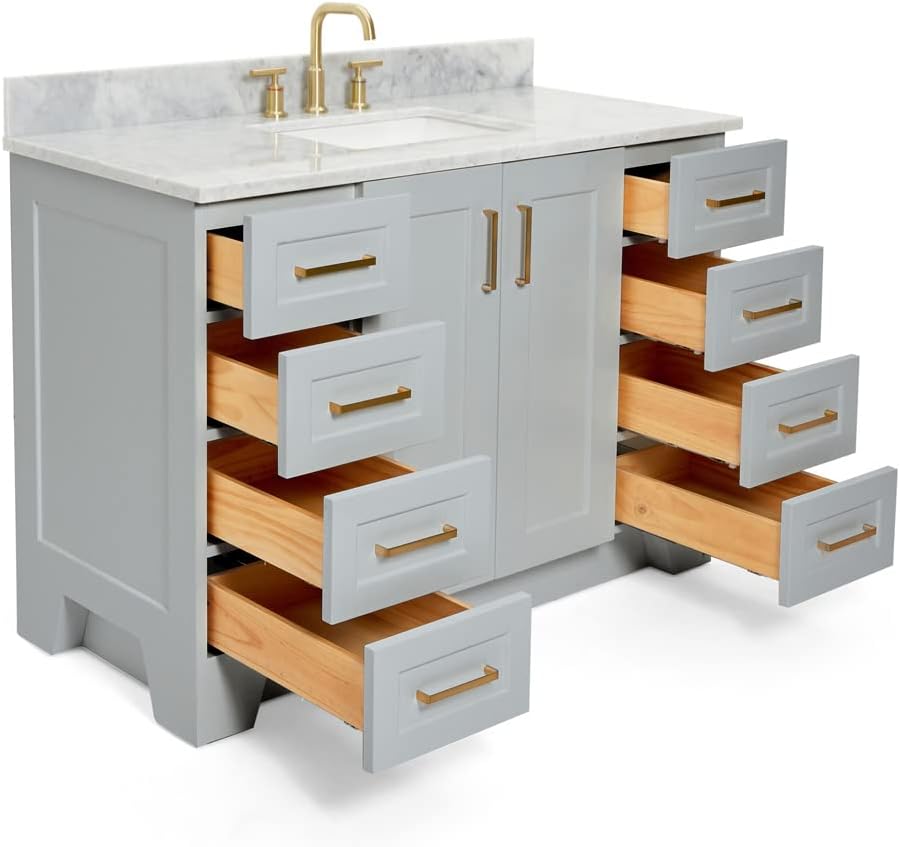 ARIEL Taylor 48-inch Bathroom Vanity with Sink,Solid Wood, 0.75-inch Italian Carrara Marble Countertop, Single Rectangular Porcelain Sink, Soft Closing Doors, Dovetail Drawers, Grey