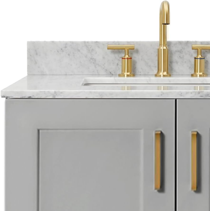 ARIEL Taylor 42-inch Bathroom Vanity with Sink,Solid Wood, 0.75-inch Italian Carrara Marble Countertop, Single Rectangular Porcelain Sink, 2 Soft Closing Doors, 5 Dovetail Drawers, Grey