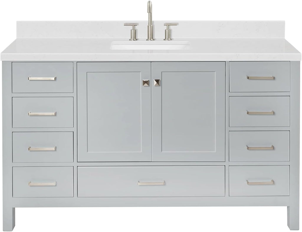 ARIEL Cambridge 60-inch Bathroom Vanity with Sink,Solid Wood, 1.5-inch Carrara White Quartz Countertop, Single Rectangular Porcelain Sink, 2 Soft Closing Doors, 9 Dovetail Drawers, Grey