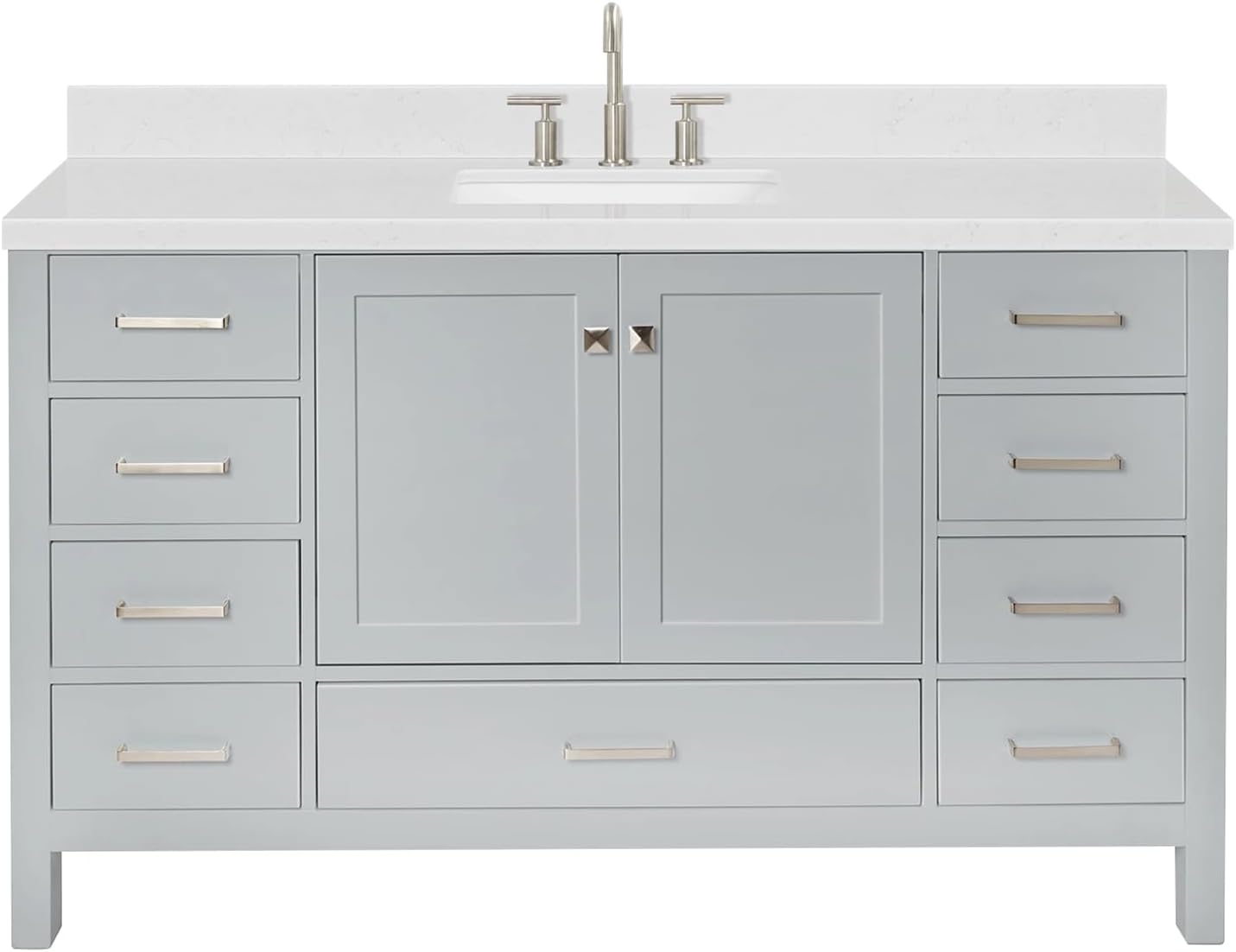 ARIEL Cambridge 60-inch Bathroom Vanity with Sink,Solid Wood, 1.5-inch Carrara White Quartz Countertop, Single Rectangular Porcelain Sink, 2 Soft Closing Doors, 9 Dovetail Drawers, Grey