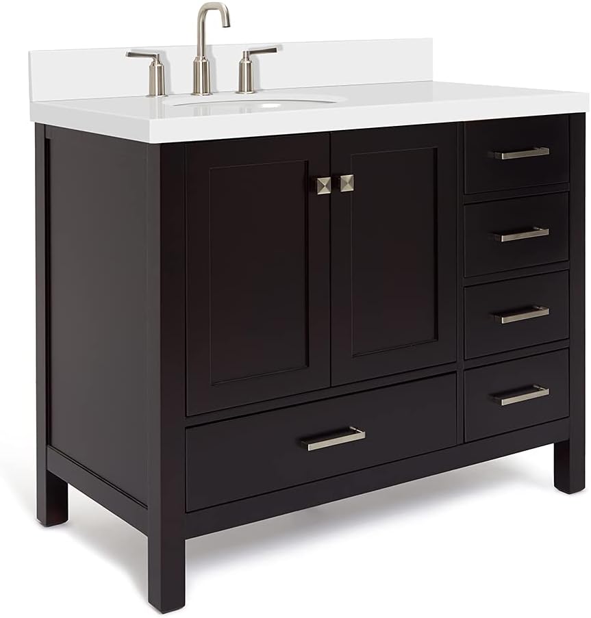 ARIEL Cambridge 42-inch Bathroom Vanity with Sink,Solid Wood, 1.5-inch Pure White Quartz Countertop & Backsplash, Single Oval Porcelain Sink, 2 Soft Closing Doors, 5 Dovetail Drawers, Espresso