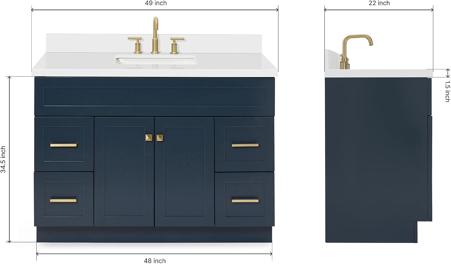 ARIEL Hamlet 48-inch Bathroom Vanity with Sink,Solid Wood, 1.5-inch Pure White Quartz Countertop, Single Rectangular Porcelain Sink, Soft Closing Doors, Dovetail Drawers, Midnight Blue