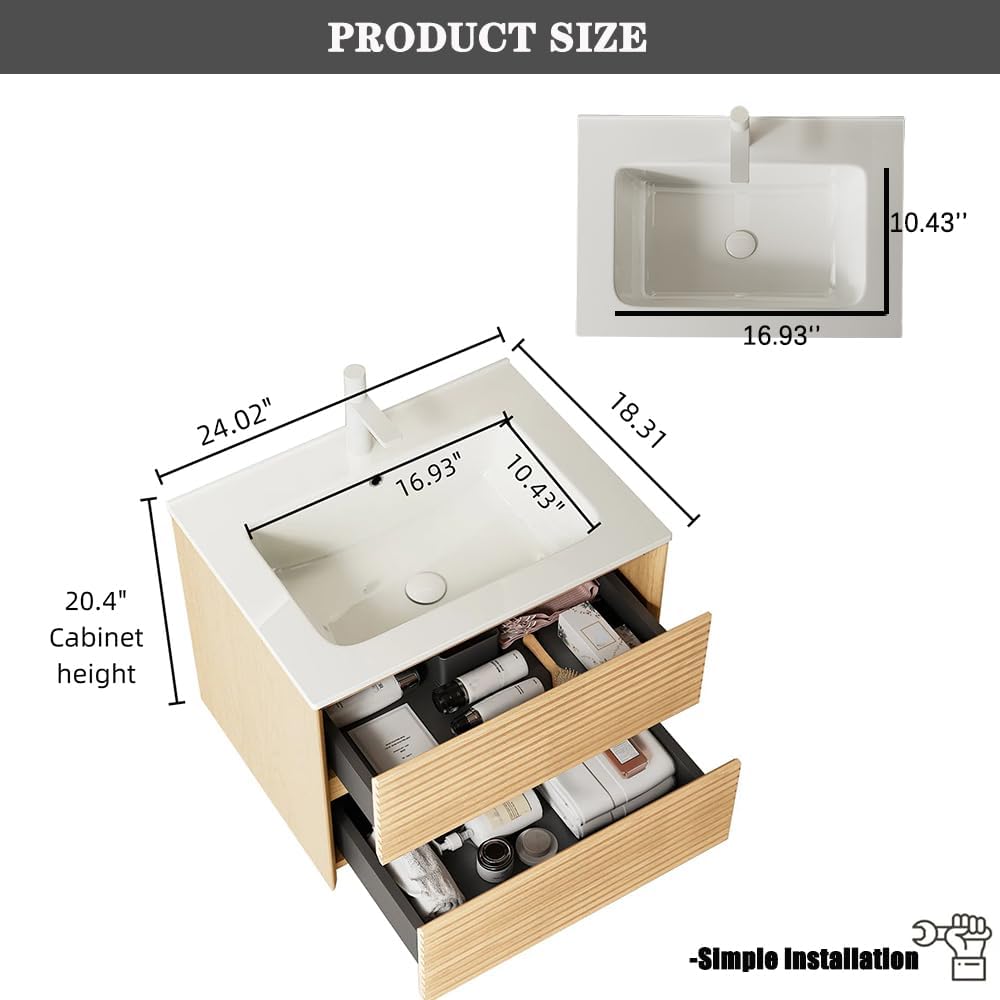24' Floating Bathroom Vanity with Sink, Wall Mounted Modern Bathroom Cabinet with 2 Soft Close Drawers, Oak & Plywood, Pre-Assembled with Integrated Ceramic Basin – Sedona, Light Oak