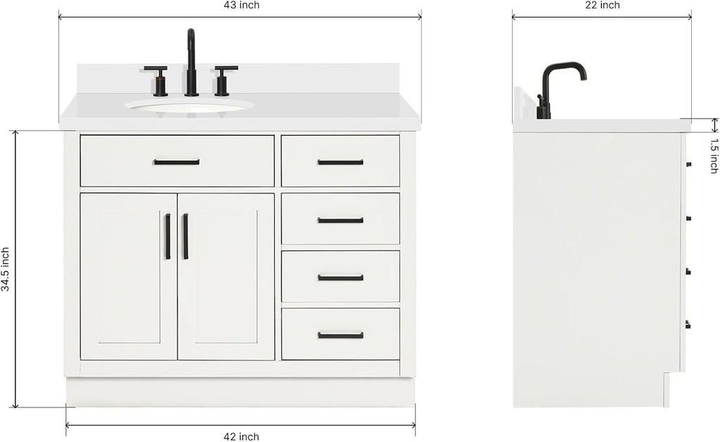 DKB Isabella 42' White Bathroom Vanity with Oval Sink, 1.5' Pure White Quartz Countertop, Solid Wood Frame, 2 Soft-Close Doors, 5 Dovetail Drawers