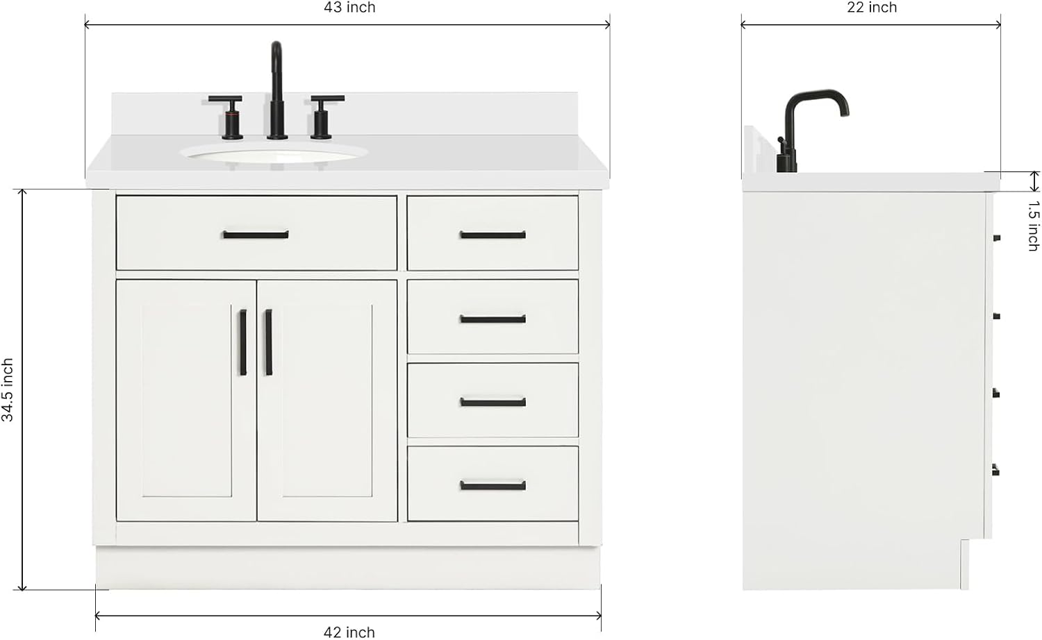 DKB Isabella 42' White Bathroom Vanity with Oval Sink, 1.5' Pure White Quartz Countertop, Solid Wood Frame, 2 Soft-Close Doors, 5 Dovetail Drawers