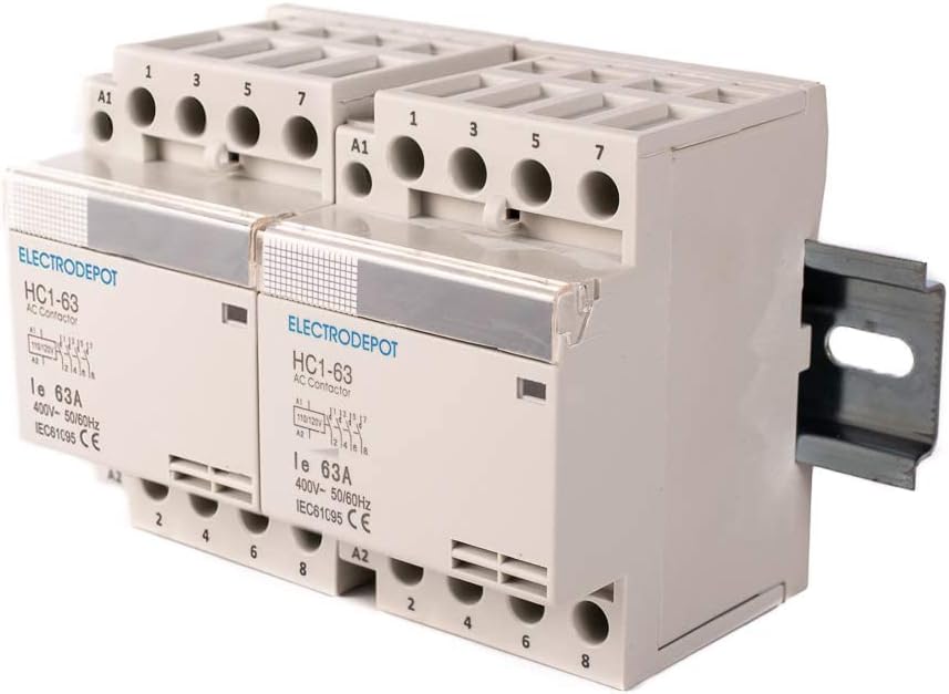 Electrodepot 40 Amp 8 Pole (4 Pole x 2) Normally Open, 110/120VAC Coil (Silent Operation), Motor Load 40A and Lighting Load 63A Contactor Bundle with DIN Rail, 35 x 150 mm and 2#10 Screws