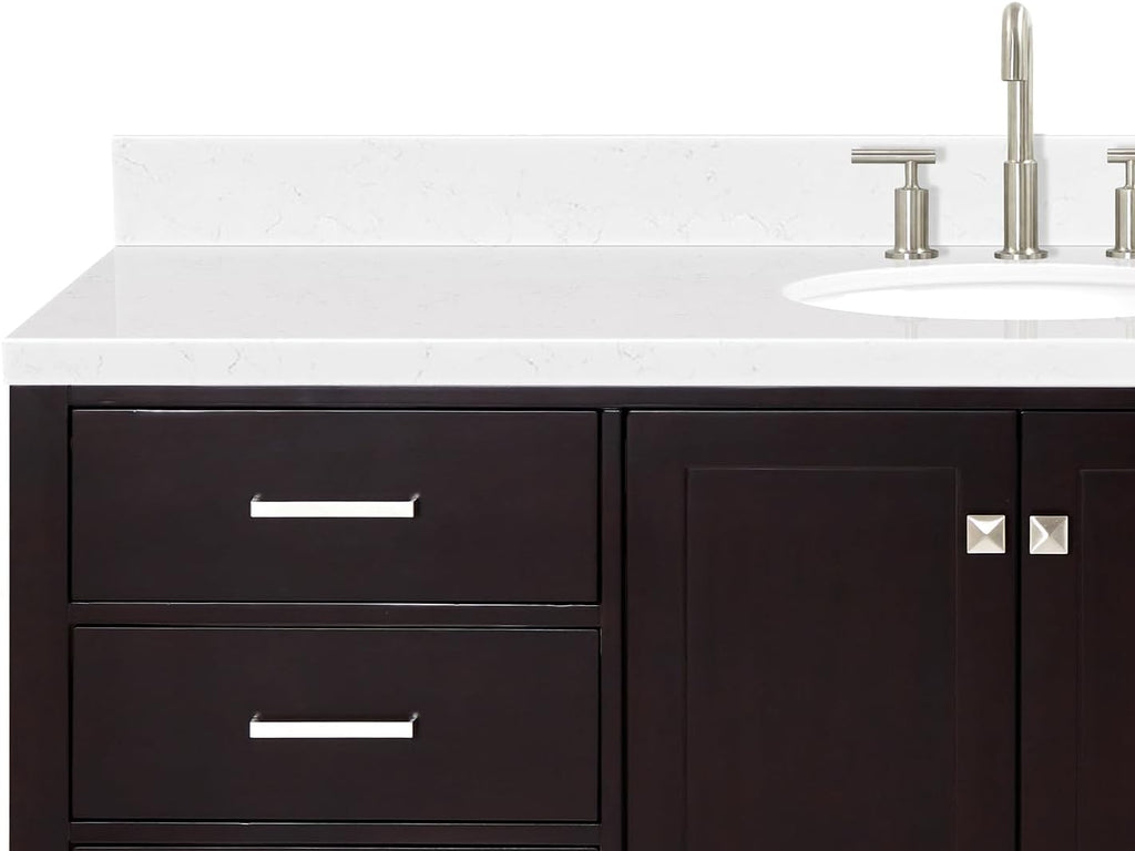 ARIEL Cambridge 66-inch Bathroom Vanity with Sink,Solid Wood, 1.5-inch Carrara White Quartz Countertop & Backsplash, Single Oval Porcelain Sink, 2 Soft Closing Doors, 9 Dovetail Drawers, Espresso